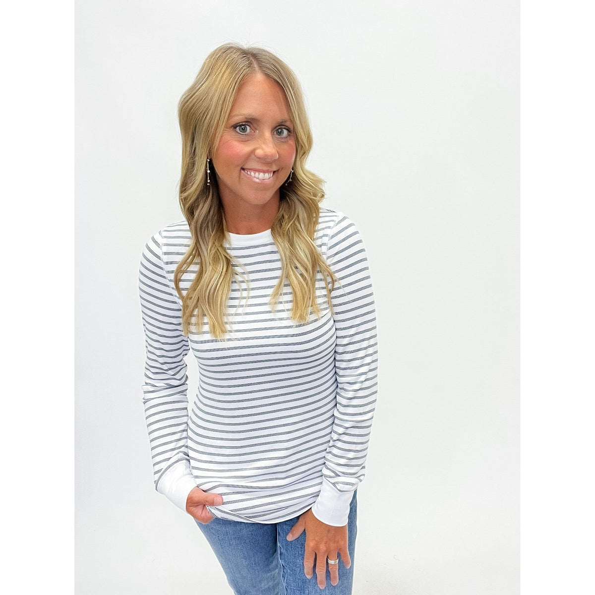 the stacy top - white navy triple stripe