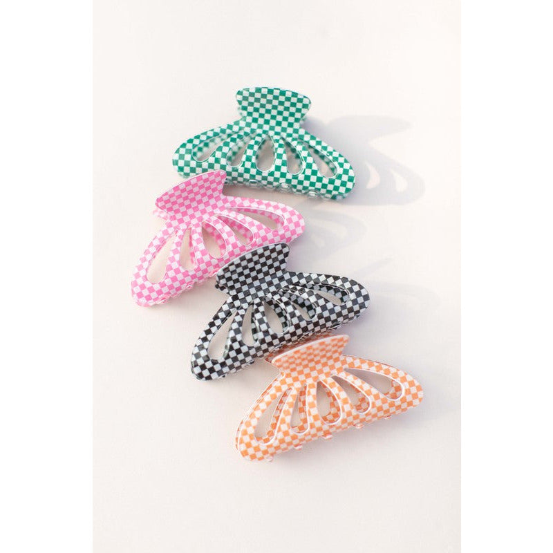 Butterfly Checkered Hair Claw - Pink